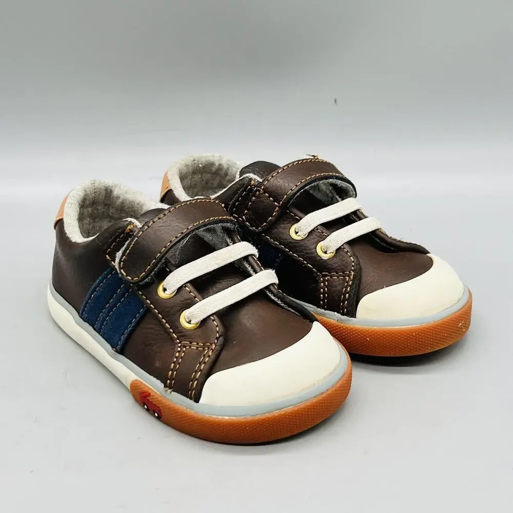 See Kai Run Shoes Boys 7 Brown Leather Car Design Hook Loop Strap Sneakers